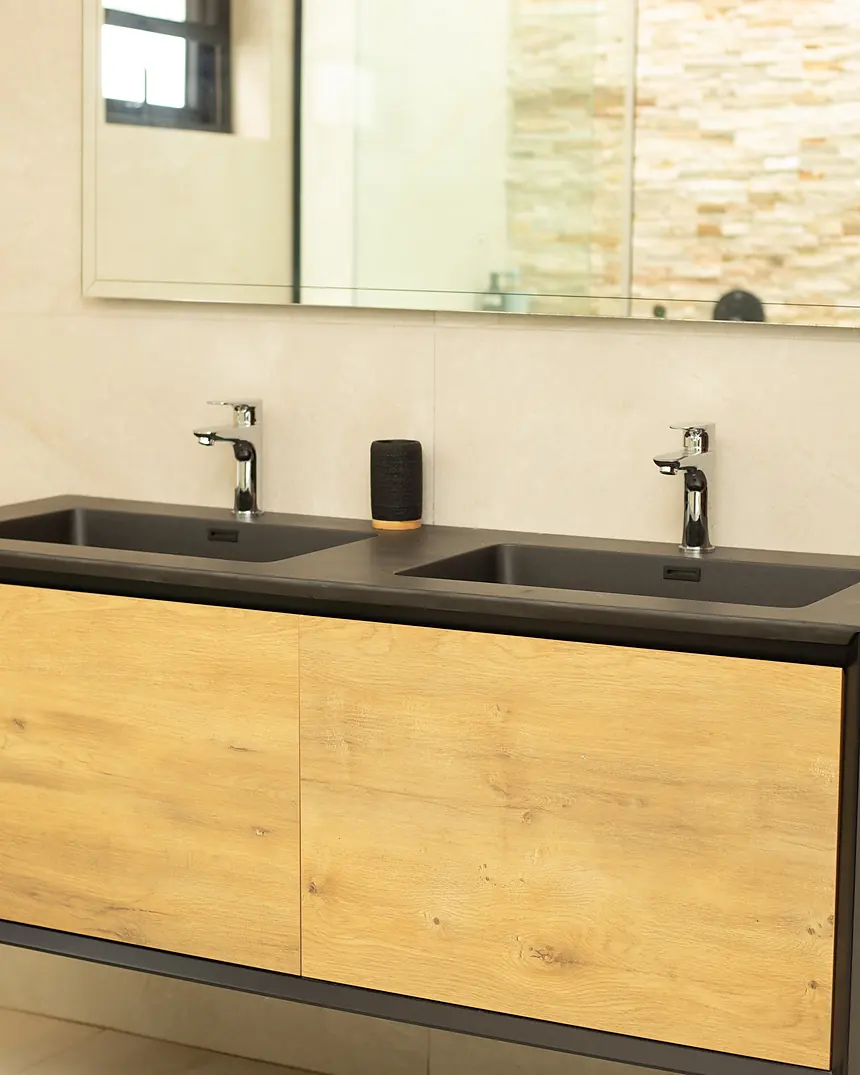 Bathroom vanity with timber unit and vessel basin