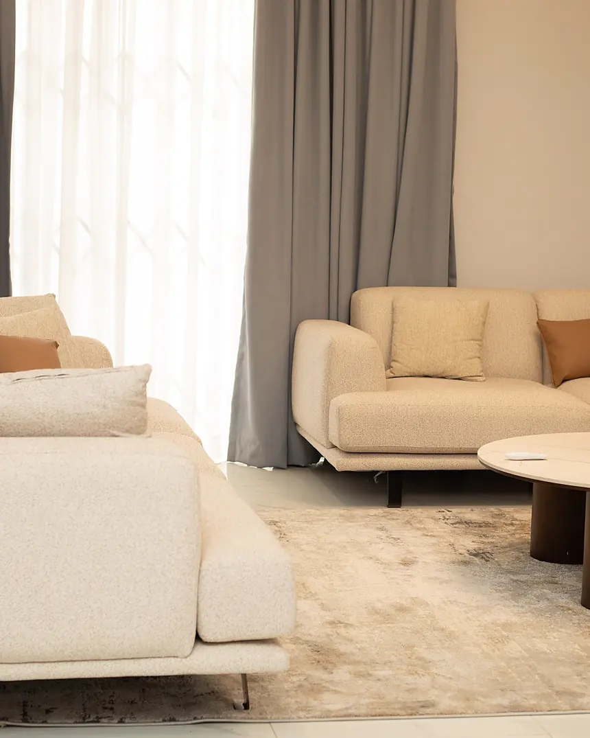 Sofa and coffee table in a bright living room