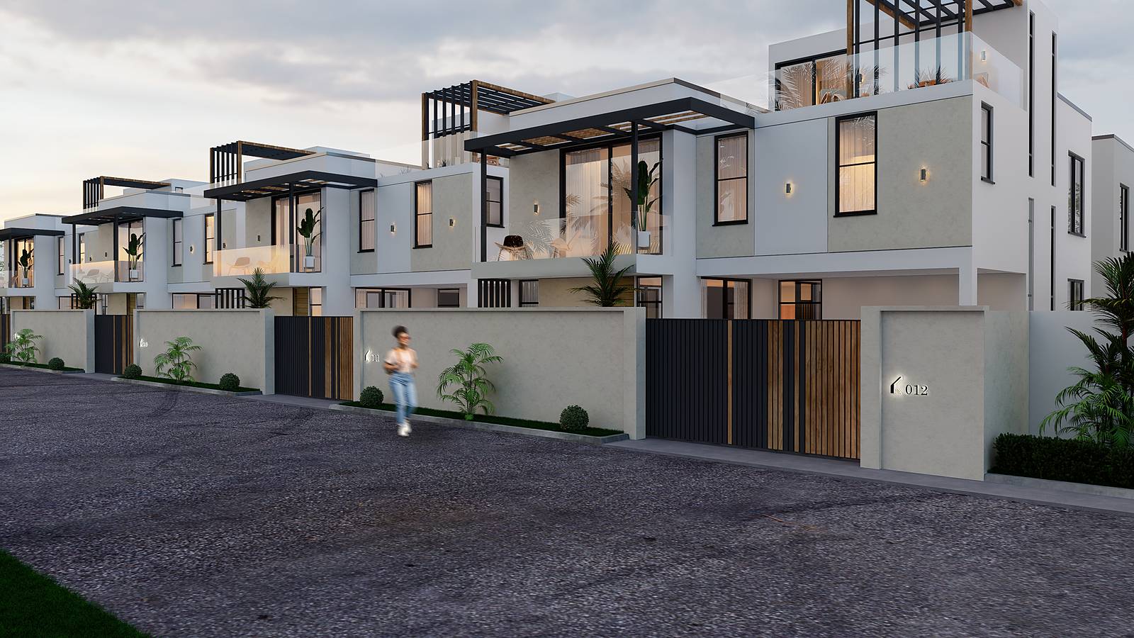 Dusk view of the Kwalio Homes townhouse community