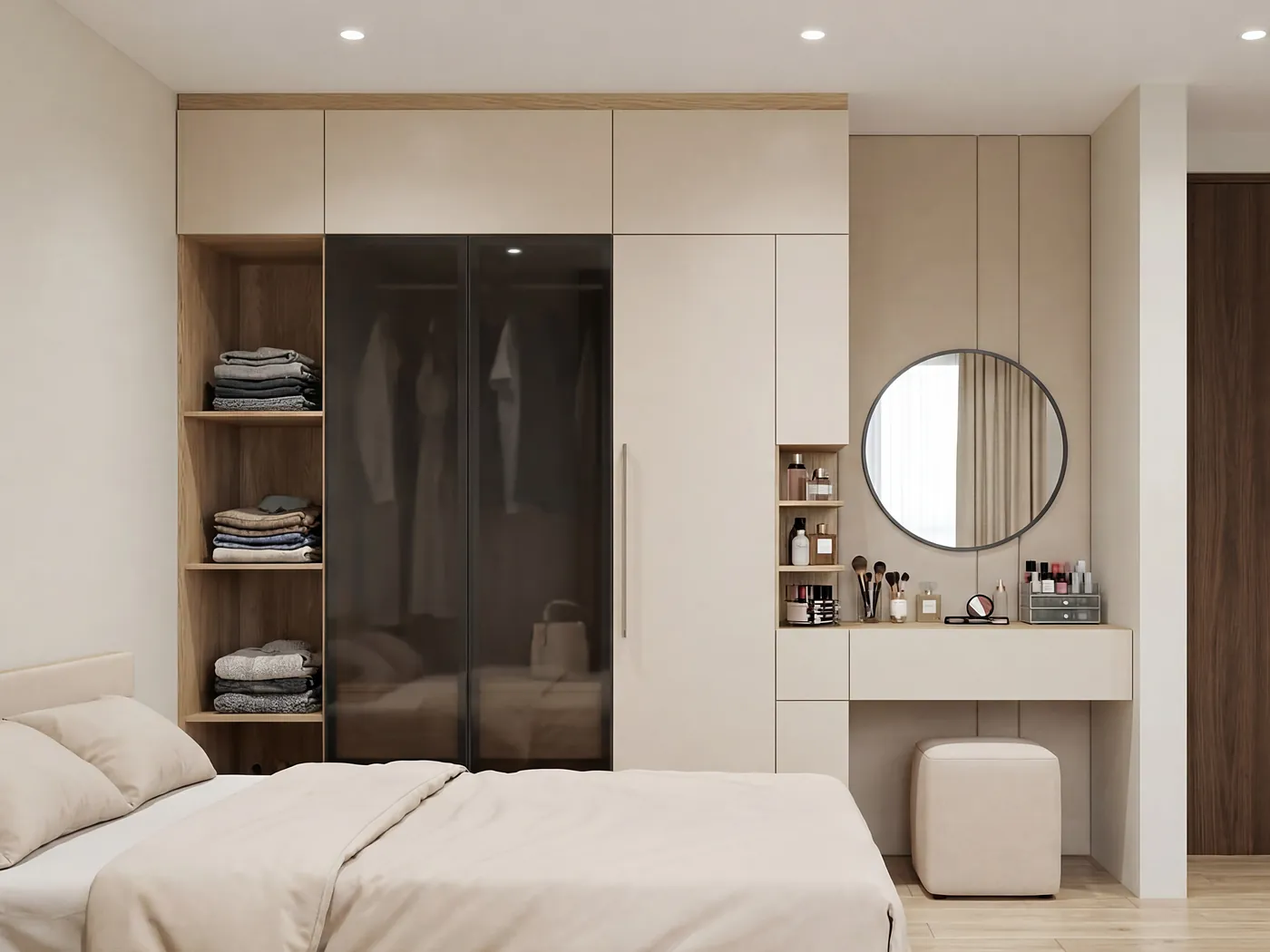 Master bedroom with timber joinery and garden views